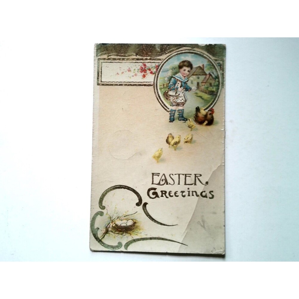 Antique Easter Greetings Postcard Boy Chicks Nest Embossed Saxony Gel